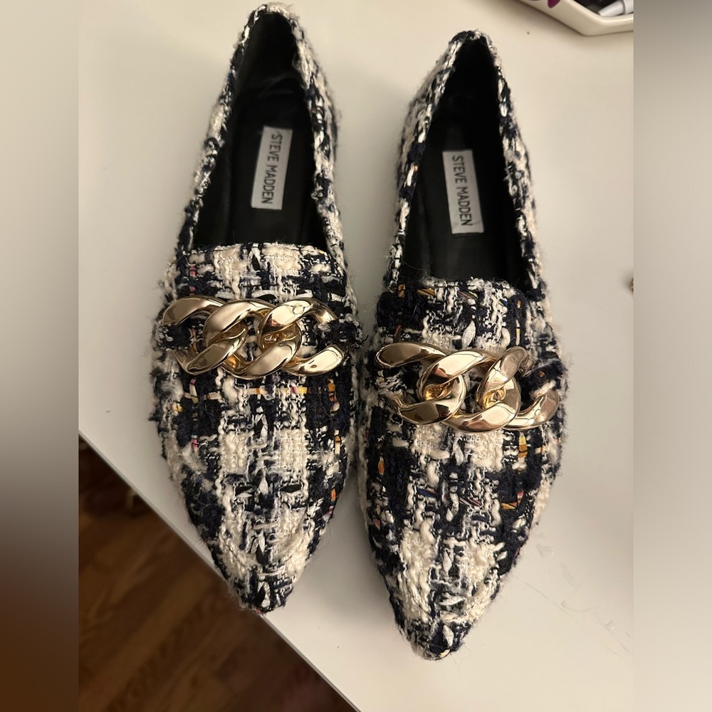 Steve Madden Tweed Navy Flats with gold accent